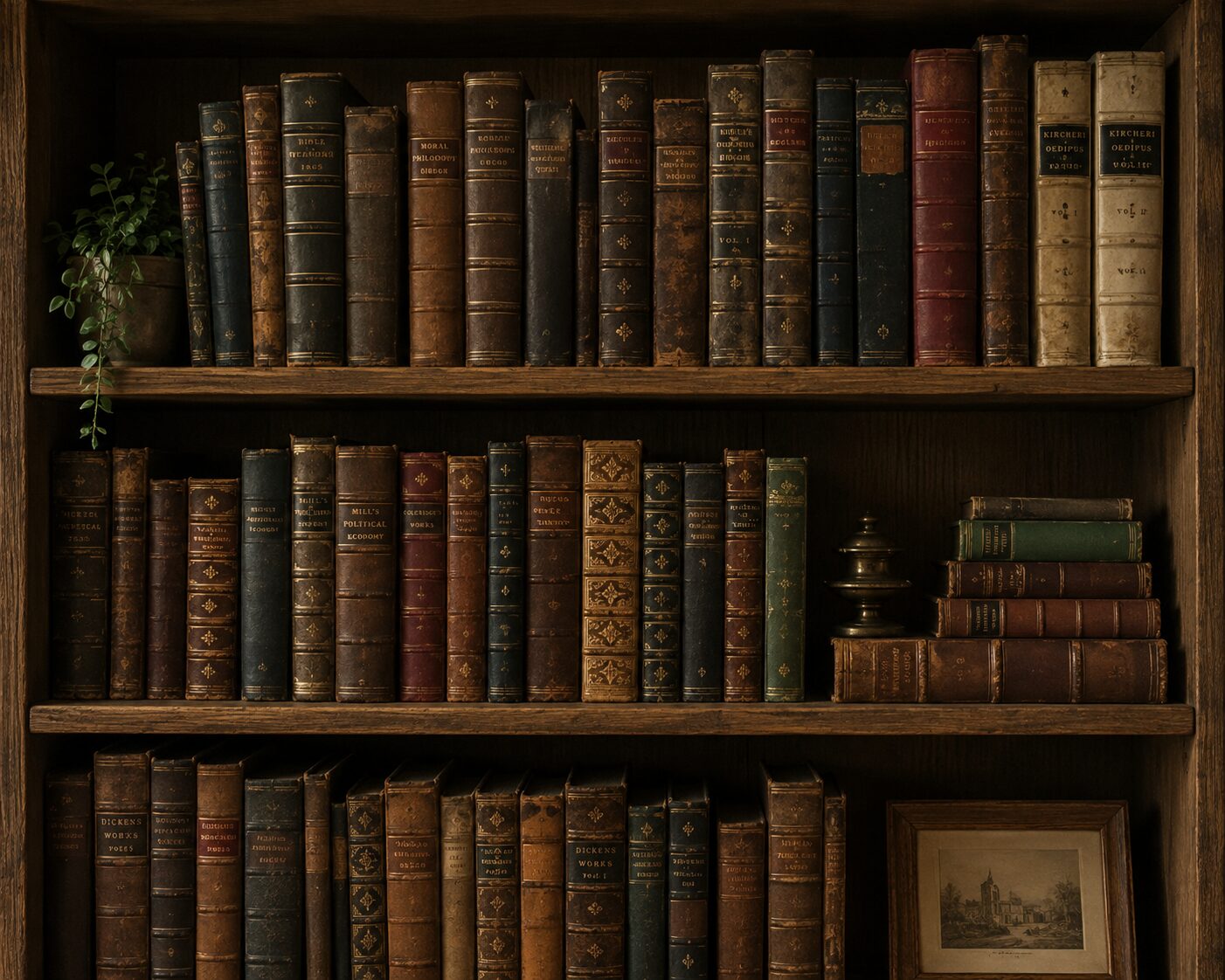 Antique leather-bound books on a dark wooden shelf