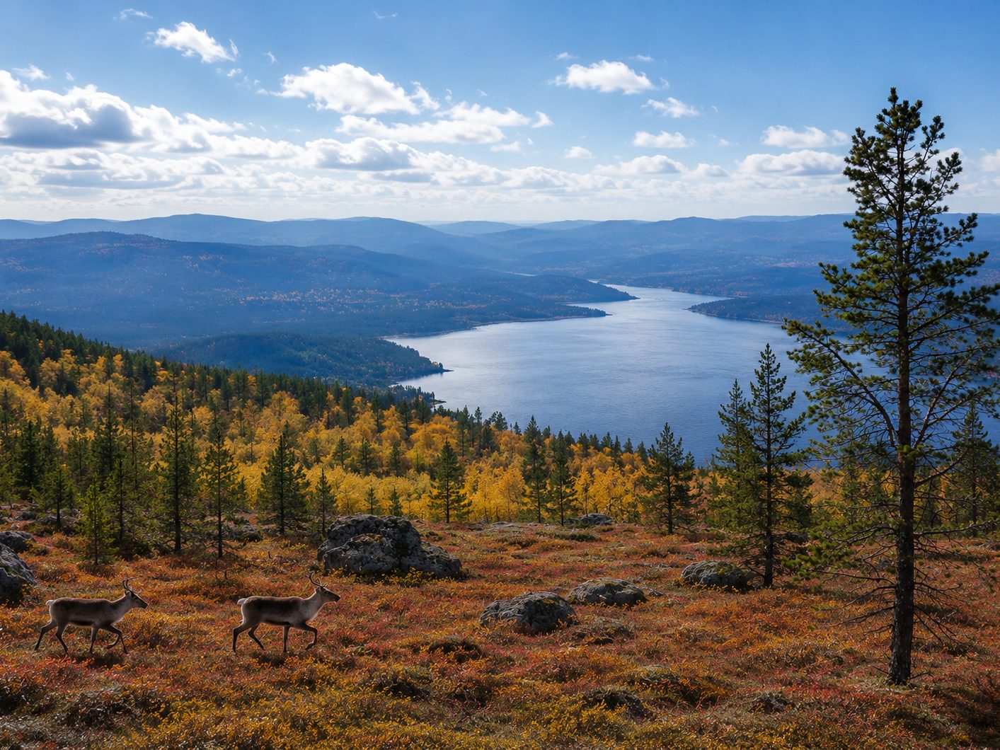 Reindeer crossing fell ground cover turning red during ruska, above a lake in Finnish Lapland