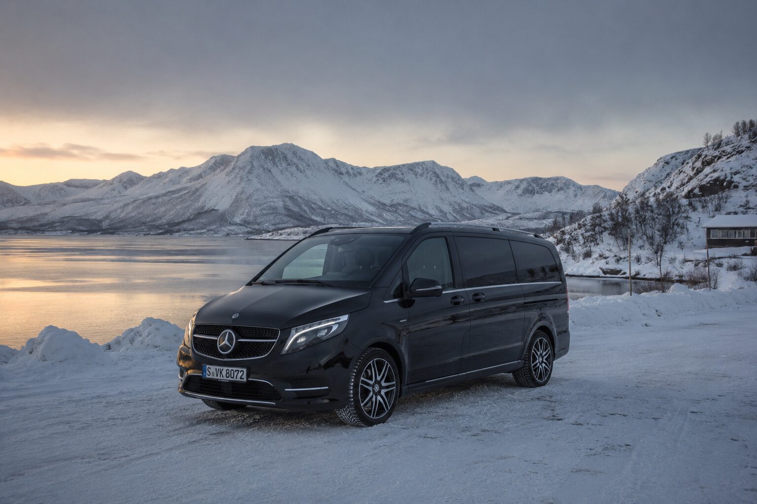 Private Mercedes V-Class transfer on a snow-covered Arctic road