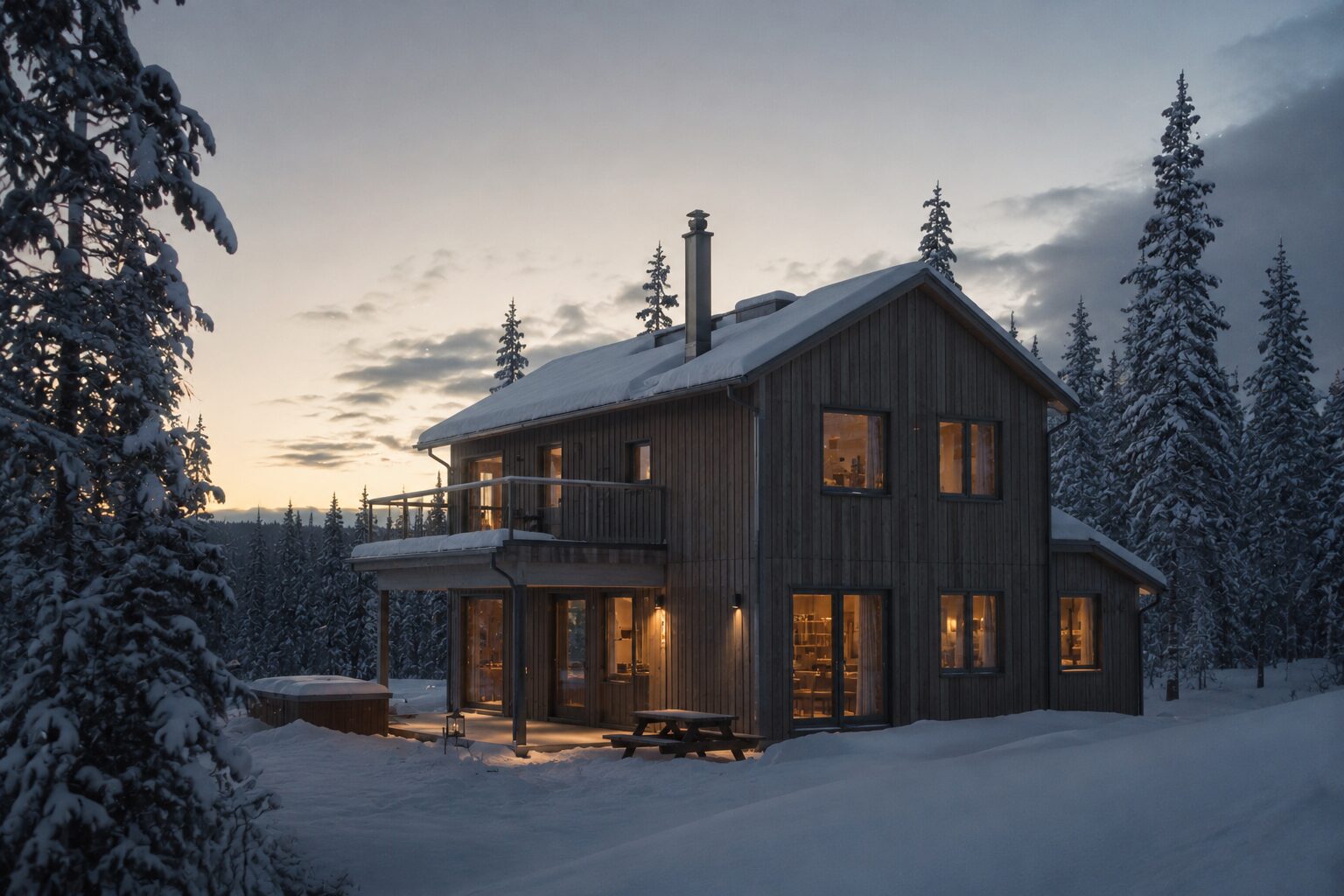 Private luxury villa in the Lapland forest at dusk, hot tub on the terrace